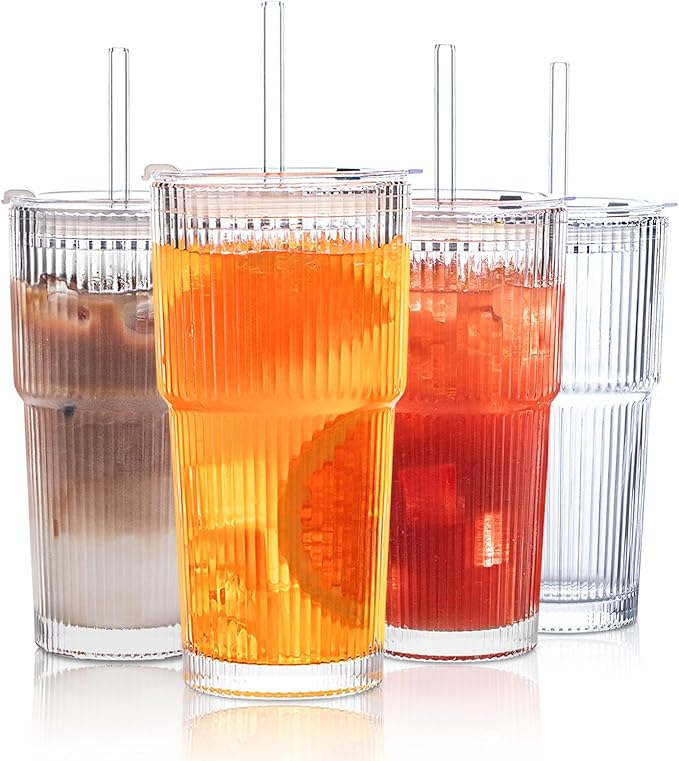INSETLAN 20 oz Ribbed Glass Tumblers with Lids and Glass Straws – 4-Piece Glassware Set, Thickened Wall, Ideal for Iced Coffee, Smoothies, Cocktails, and Juices – Elegant and Durable Drinkware