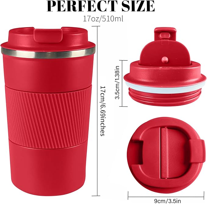 YINBAOGE Insulated Travel Coffee Mug, Spill & Leak Proof, Portable To Go Camping Stainless Steel Coffee Tumbler, Reusable Thermal Coffee Cup with Lid for Hot & Cold Drinks (Red, 17 OZ)