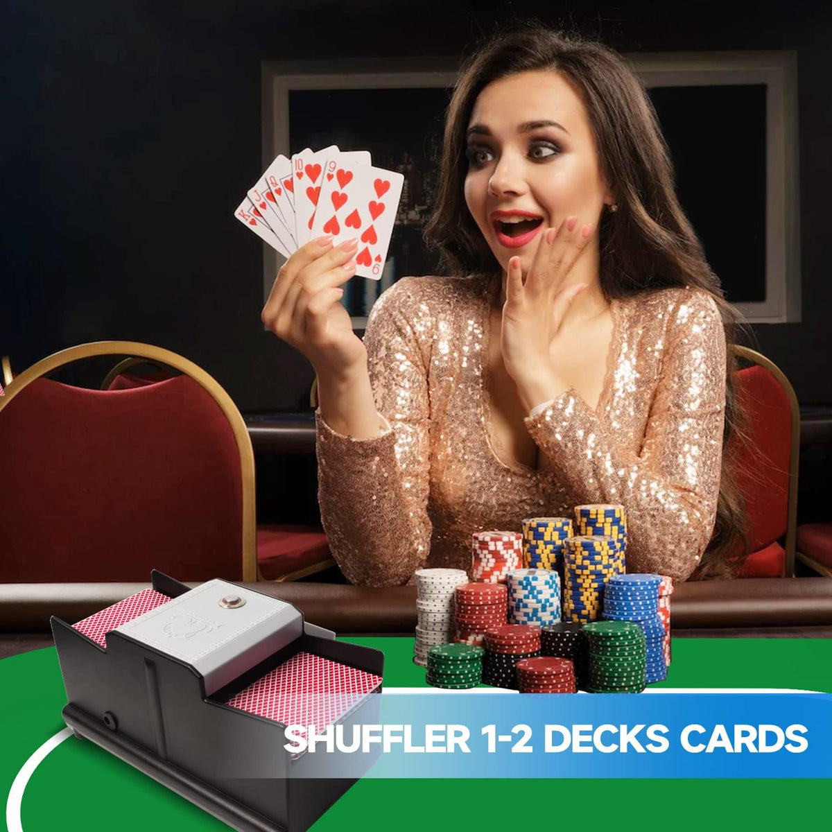 GSE Games & Sports Expert 2-Deck Casino Automatic Card Shuffler, AC/DC-Power & Battery-Operated Shuffler Machine for Playing Cards, Blackjack, Texas Hold 'em, Bridge, Poker, UNO