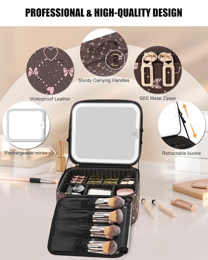 Relavel Travel Makeup Bag With LED Mirror, Portable Cosmetic Organizer Bag with