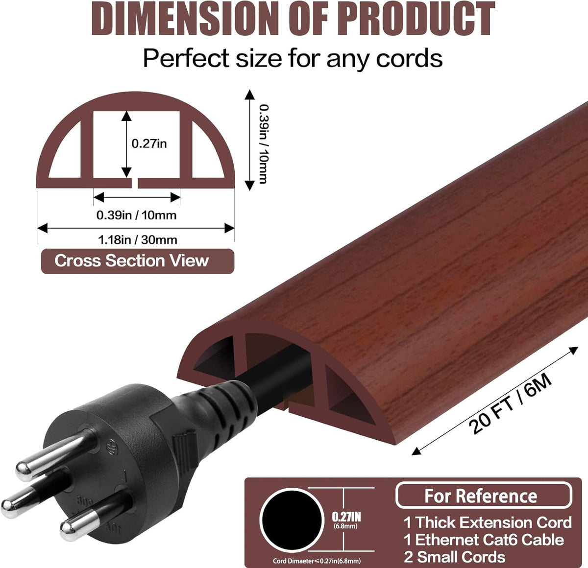 Floor Cord Cover Self Adhesive Cord Hider,20FT Cable Management, Extension Strip Protector for Wires, Prevent Cable Trips for Offices, Gyms, Exhibitions Cavity:0.39"(W) x0.27(H) Wood Red Teak