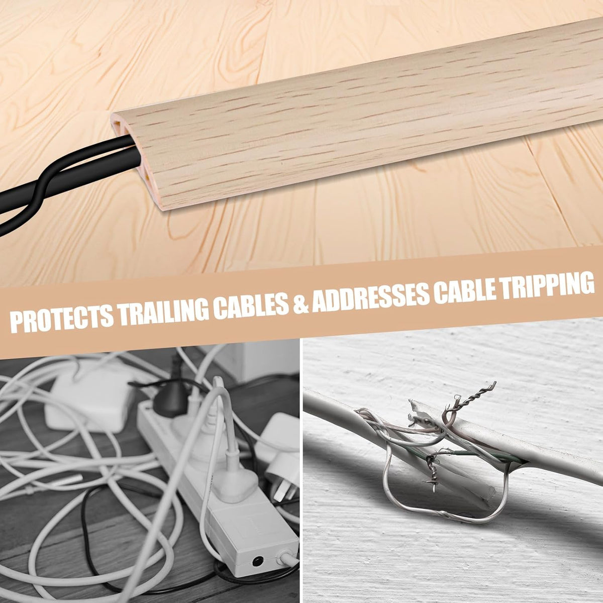 Floor Cord Cover Self Adhesive Cord Hider,3.3FT Cable Management, Extension Strip Protector for Wires, Prevent Cable Trips for Offices, Gyms, Exhibitions Cavity:0.51"(W) x 0.3"(H) Yellow Wood