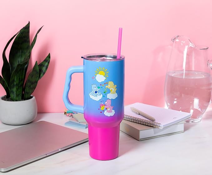 Silver Buffalo Care Bears Featuring Grumpy Bear, Funshine, and Love-A-Lot Bear Heart Showers Ombre Double Walled Stainless Steel Tumbler with Handle and Straw, Fits in Standard Cup Holder, 40 Ounces