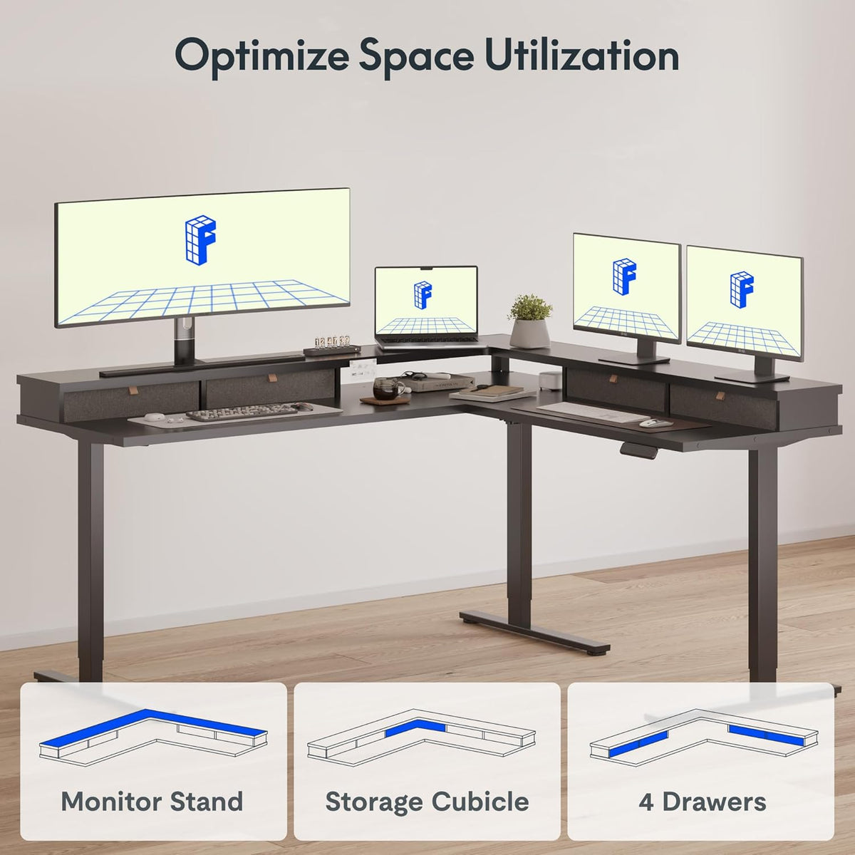 FLEXISPOT 63" L Shaped Standing Desk Electric Corner Table with Monitor Shelf, 4 Storage Drawers, Adjustable Computer Workstation for Home, Office, Game, Studio, Black Top + Black Frame