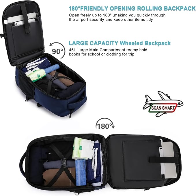 Rolling Backpack for Adults, 17inch Laptop Travel Backpack