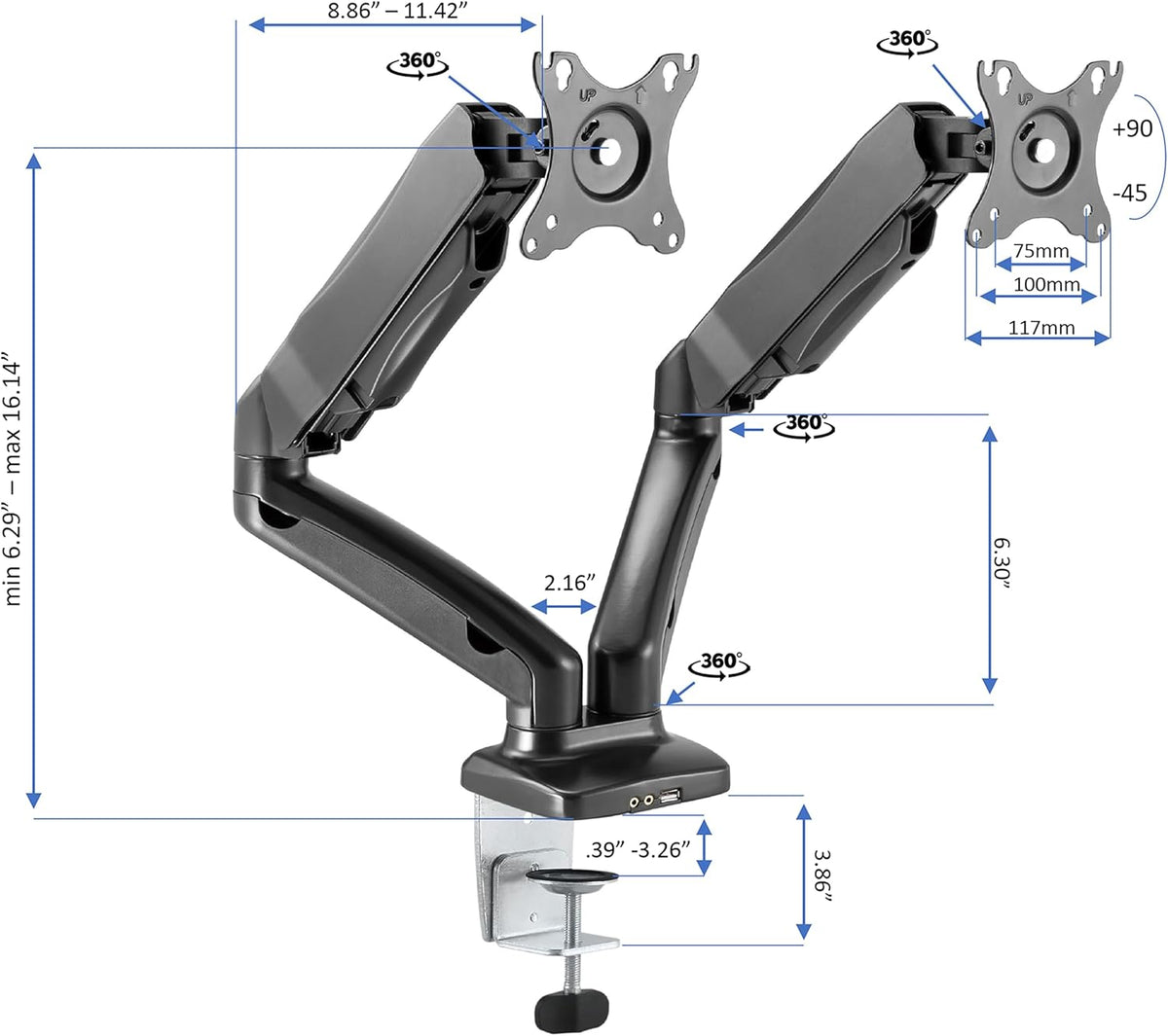 Rocelco 43" Height Adjustable Standing Desk Converter with Premium Dual Monitor Arm Mount - Tall Stand Up Tabletop Riser and Tablet Slot - Computer Workstation - Keyboard Tray - Black (R VADRB-43-MA2)