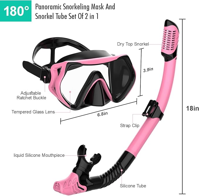 Snorkeling Gear for Adults, JRing Snorkel Mask Set with 180 Degree Tempered Glass Anti Fog Goggles Scuba Dry Top Snorkel for Swimming, Scuba Diving Mask for Men Women