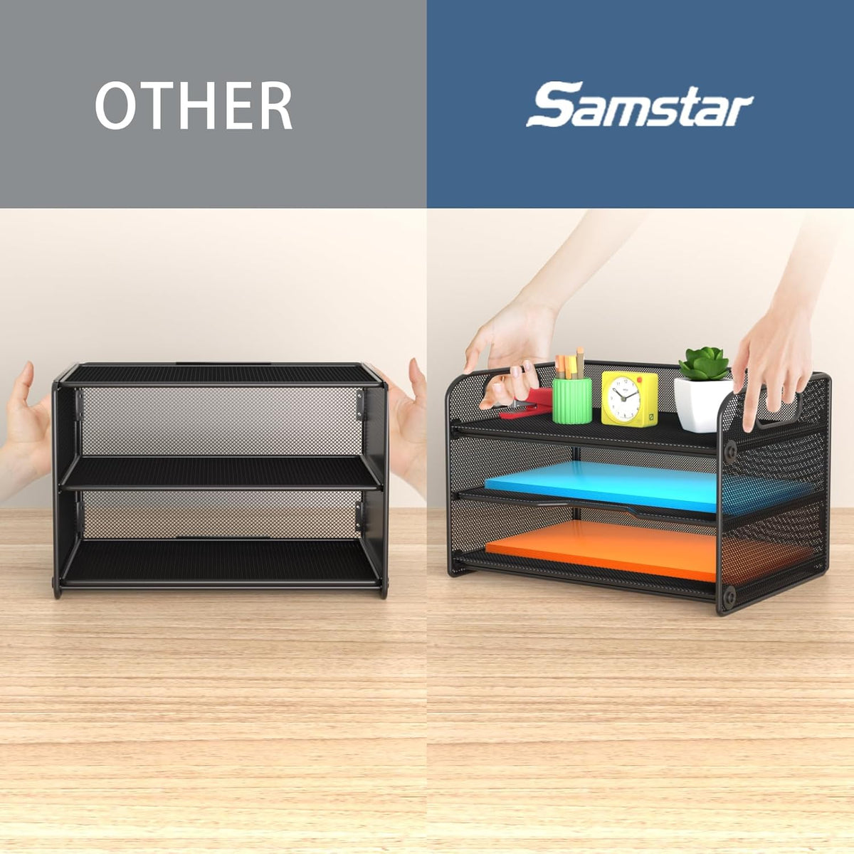 Samstar 3 Tier Letter Tray Paper Organizer with Handle, Mesh Desk Organizer Paper Sorter File Rack Shelves, Black