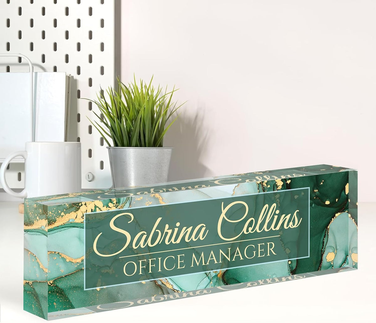 Name Plate for Desk, Desk Name Plate Personalized, Office Decor for Women Men, Acrylic Desktop Accessories, Office Gifts for Boss Nurse Teacher Coworker, Employee Appreciation Gift (Green Coast B)