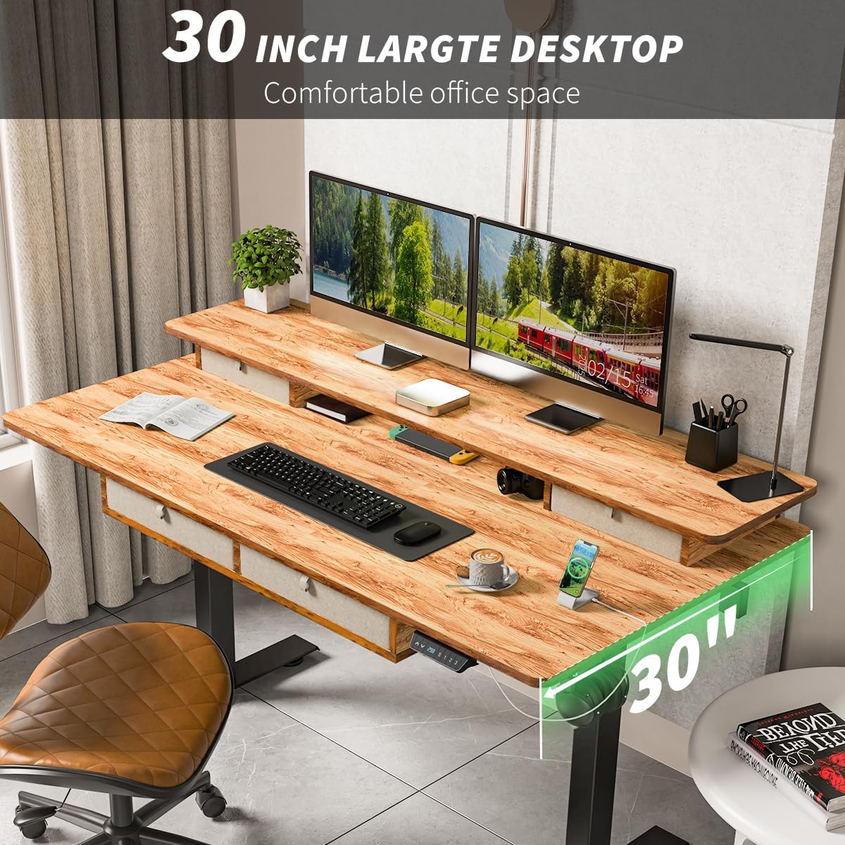 Standing Desk with Fast Charging USB Ports, 55" x 30" Height Adjustable Home Office & Gaming Desk, Sit Stand Desk with Built-in Storage Shelf, Hook & Ergonomic Design(Light Rustic)