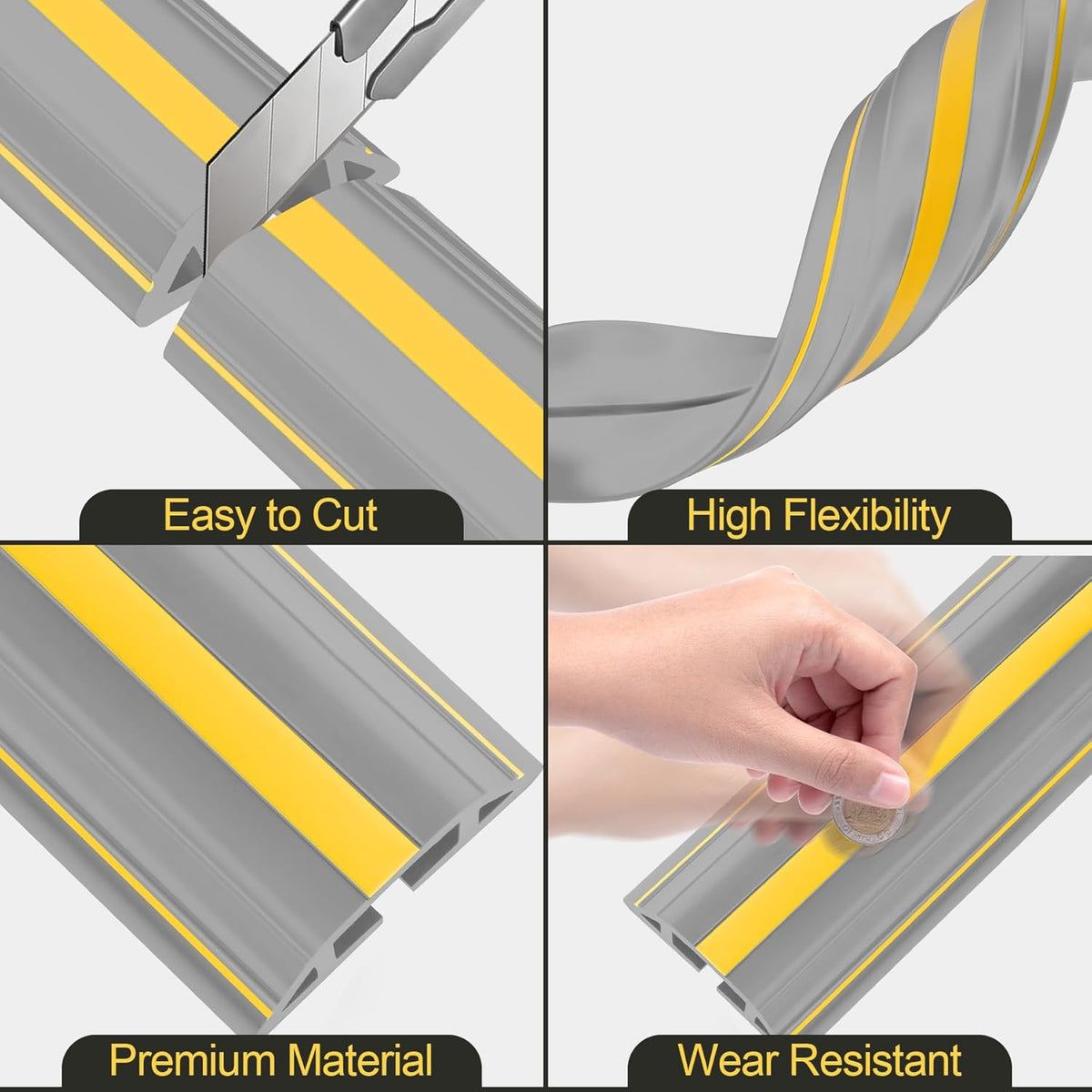 MYFAMIREA 20FT Floor Cord Cover Heavy Duty Cable Cover Protector 3 Channels Extension PVC Floor Wire Cover Outdoor Cord Hider Management Cord Cover for Wire on Floor Home Outdoor (2PCS 10FT, Grey)