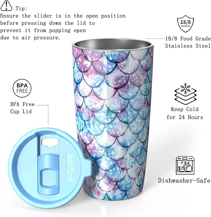TILUCK 20 oz Insulated Tumbler with BPA-Free Lid, Stainless Steel Vacuum Travel Coffee Mug, Double Wall Coffee Tumbler（20oz，FishScales）