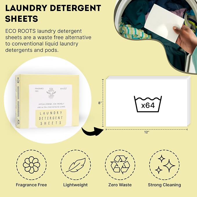 ECO ROOTS Laundry Detergent Sheets 64 loads | ECO FRIENDLY Unscented Sheets