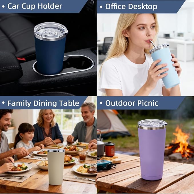 GGQ 20oz Travel Coffee Tumbler Food-Grade 304 Stainless Steel Vacuum Insulated Double Wall Leak-Proof Lid Reusable Straw Hot and Cold Drinks Cup Holder Friendly (Navy Blue)