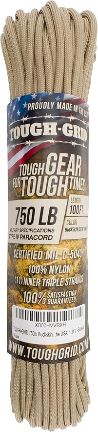 TOUGH-GRID 750 Paracord Rope Nylon Parachute Cord, Made in USA Survival Kit