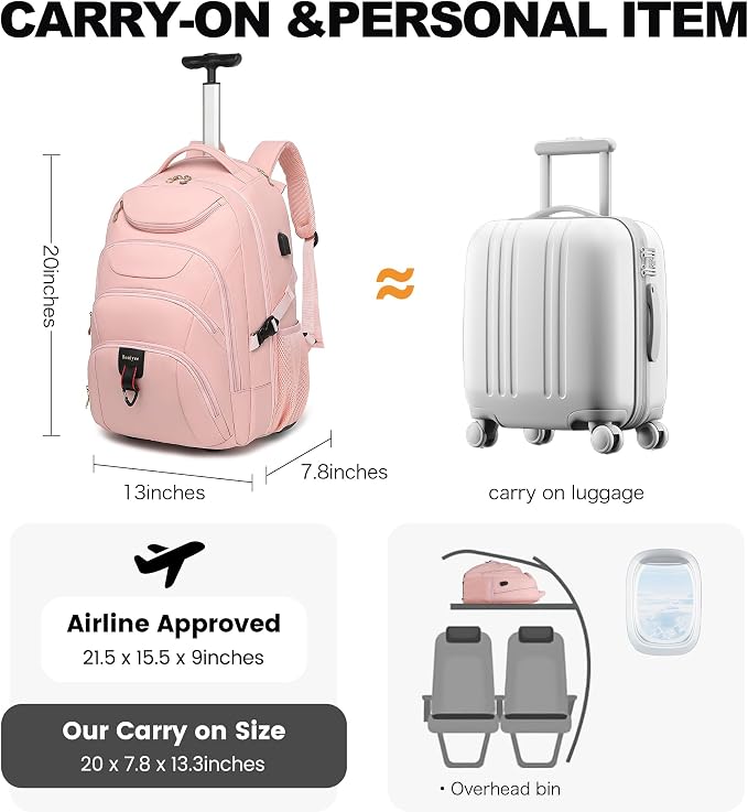Boavan Rolling Backpack for Women, 17.3 Inch Wheeled Laptop Backpack, Large