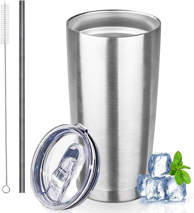 20 oz Tumbler with Lids and Straws, Stainless Steel Insulated Coffee Tumbler, Double Wall Vacuum Insulated Travel Mug Cup, Leakproof Thermal Coffee Cup for Hot and Cold Drinks (Silver)
