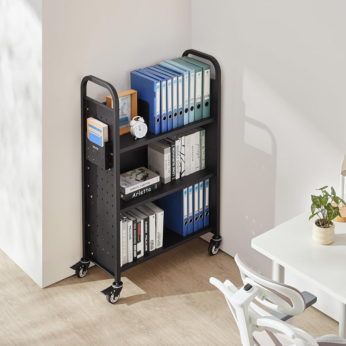 VEVOR Rolling Library Book Cart, 330 lbs Capacity, 30.3 x 15 x 48.0-Inch Library Cart, Single Sided L-Shaped Shelves with 3-Inch Lockable Wheels, Book Truck for Home Shelves Office and School, Black