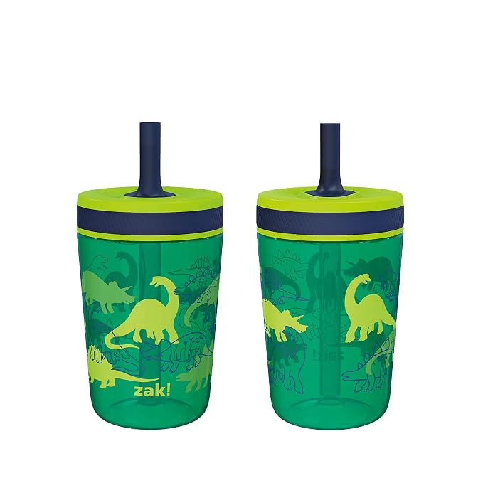 Zak Designs Kelso 15 oz Tumbler Set, (Dino Camo) Leak-Proof Screw-On Lid with Straw Made of Durable Plastic and Silicone, Perfect Cup Bundle for Kids (2pc Set)