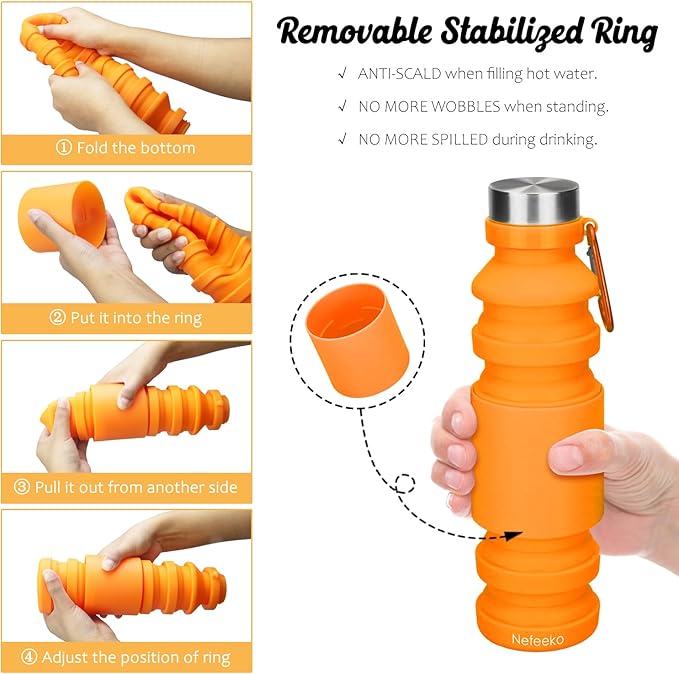 Nefeeko Collapsible Water Bottle, Reuseable BPA Free Silicone Foldable Water