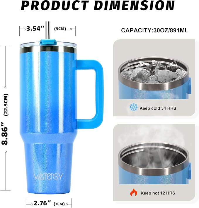 30 oz Shiny Tumbler with Handle and Straw,Stainless Steel Tumbler with Lid and Straw,Insulated Travel Mug(Cold for 34 Hours),Water Bottle for Iced Tea,Coffee (Blue)