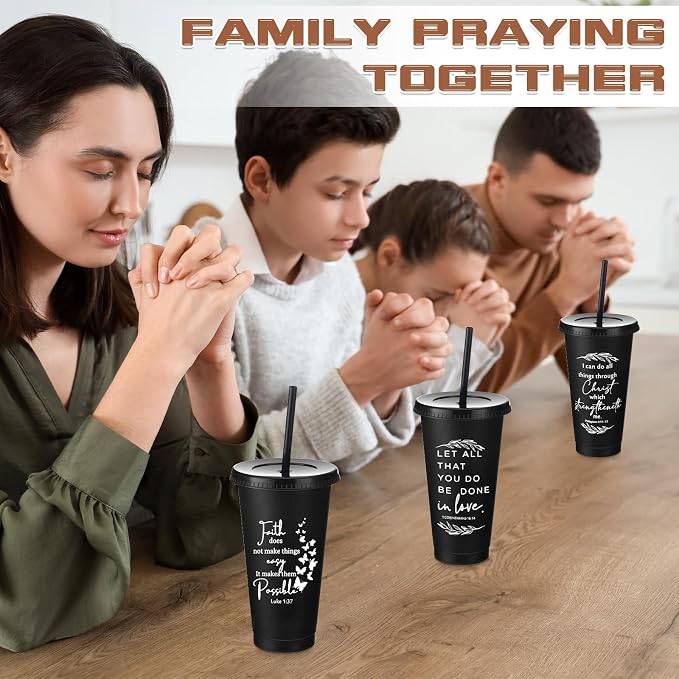 Havawish 12 Pcs Mothers Day Christian Tumbler Gift Bulk Religious Inspirational 24 oz Drinking Jesus Cup with Lid Straw Bible Verse Plastic Cup for Church Father Teacher First Communion (Black)