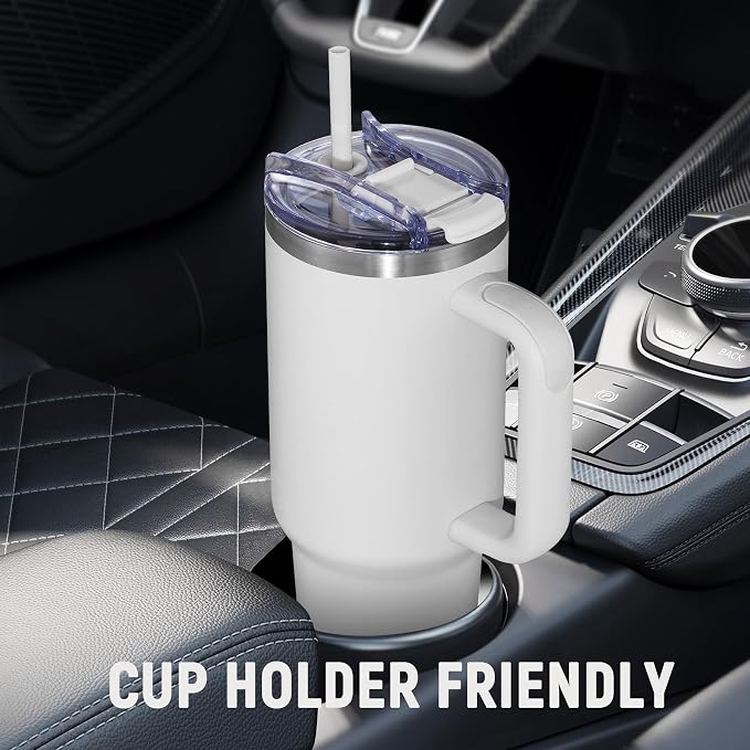40 oz Tumbler with Handle and Straw Lid,Insulated Reusable Stainless Steel Water Bottle Travel Mug，Cupholder Friendly Double Wall Vacuum Sealed Cup (Cold White)
