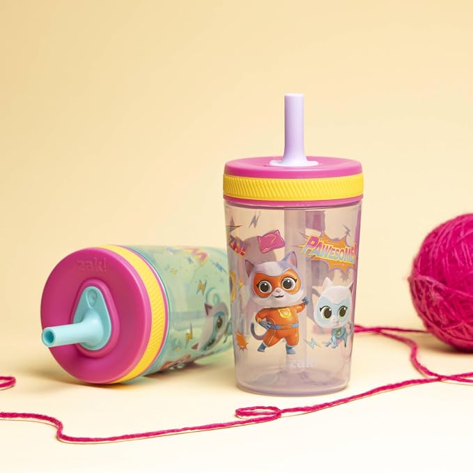 Zak Designs Disney SuperKitties Kelso Toddler Tumblers For Travel or At Home, 15oz 2-Pack Durable Plastic Sippy Cups With Leak-Proof Design is Perfect For Kids (Ginny, Sparks, Buddy, Bitsy)