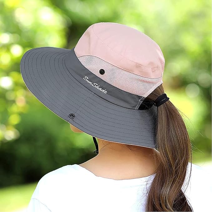 ZOORON Women's Ponytail Safari Sun Hat, Wide Brim UV Protection Outdoor Bucket