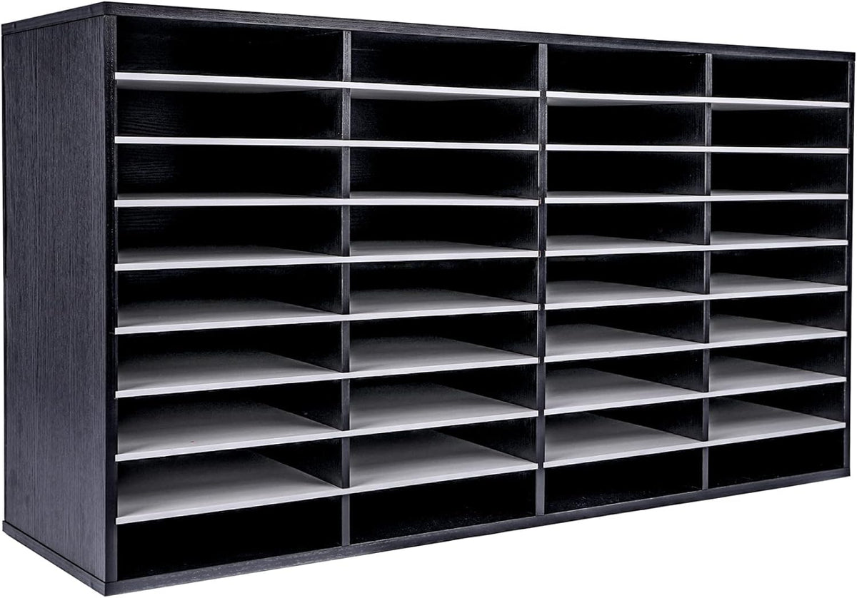 EasyPAG Mail Organizer Countertop, Wood Literature Organizer with Adjustable Shelves, Student Classroom Mailbox for School, Desktop Paper Sorter for Office Home, 36 Compartments, Black/White