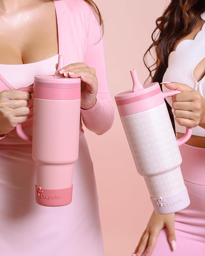 40 oz Insulated Tumbler with Handle and Push-Button Straw Lid, Stainless Steel Travel Cup for Gym Office, Leakproof, BPA-Free, Cup Holder Friendly, Bow Silicone Boot, Pink (Rose Quartz)