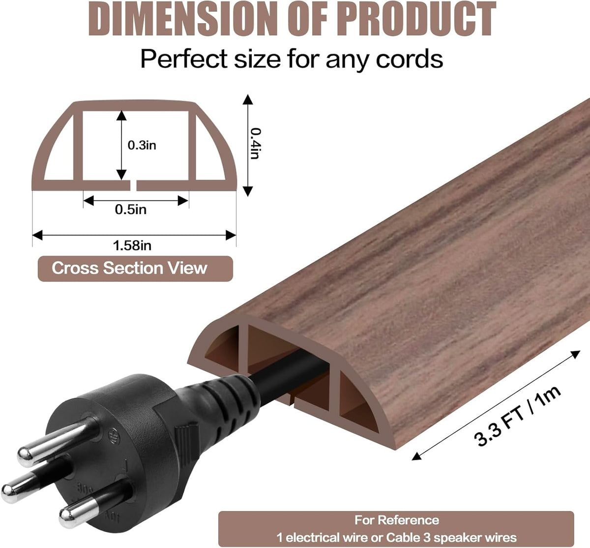 Floor Cord Cover Self Adhesive Cord Hider,3.3FT Cable Management, Extension Strip Protector for Wires, Prevent Cable Trips for Offices, Gyms, Exhibitions Cavity:0.51"(W) x 0.3"(H) Wood Walnut