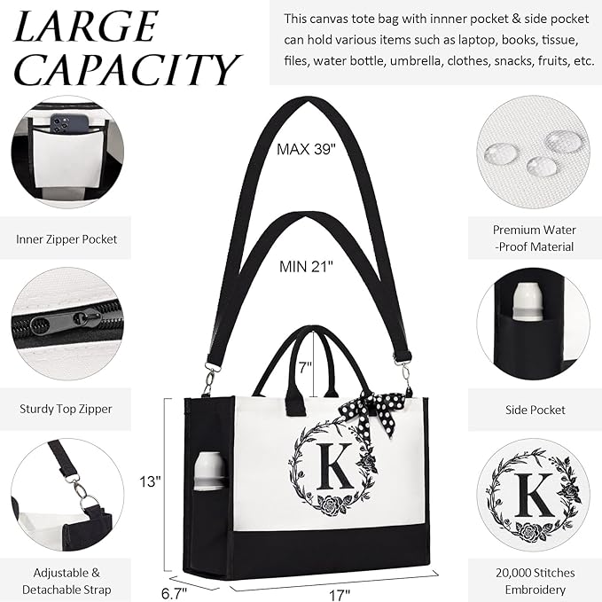 Personalized Christmas Gifts for Women, Initial Canvas Tote Bag & Makeup Bag