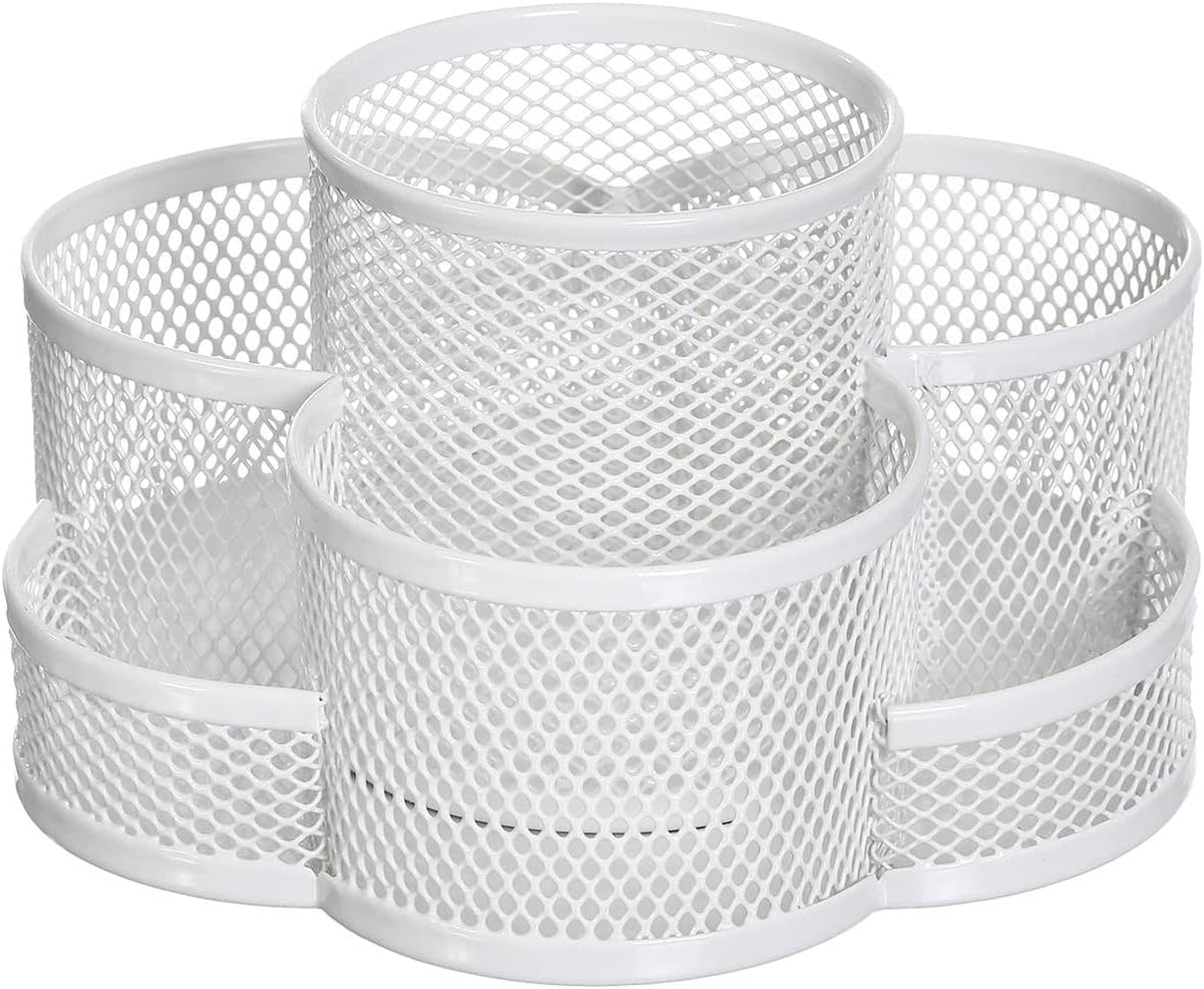 360 Rotatable Metal Mesh Desktop Stationery Organizer Pen Pot Makeup Brush Organizer for Home School Office (White)