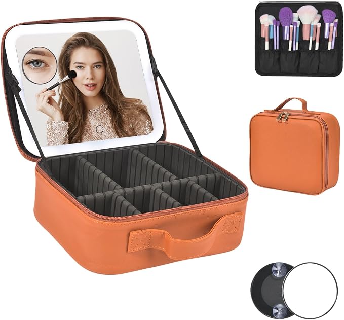 Travel Makeup Bag With LED Mirror, Makeup Travel Train Case with 3 Color Setting