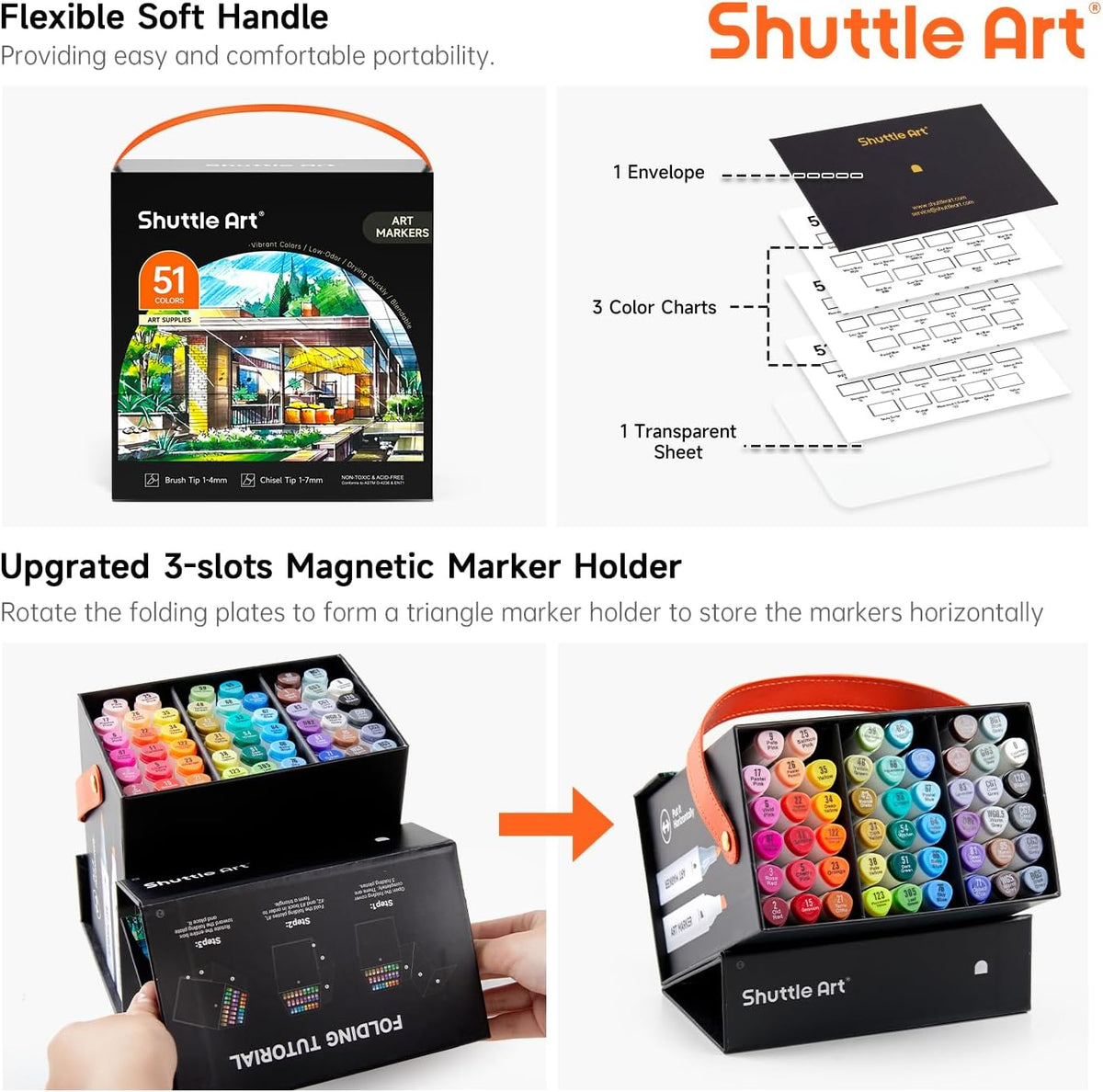 Shuttle Art Alcohol Markers Brush tip, Dual Tip Brush & Chisel Tip Art Marker Set, 50 Colors plus 1 Blender Permanent Marker Pens with Case Perfect for Illustration Students Adults Coloring
