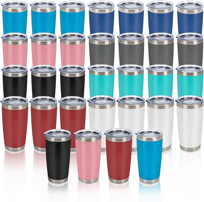 IEOVIEE 32 Pack, 20oz Stainless Steel Bulk Tumblers with Lids and Straws, Double Wall Insulated Travel Coffee Mug, Durable Powder Coated Tumbler Bulk Cup for Cold and Hot Drinks(Mixed Color)