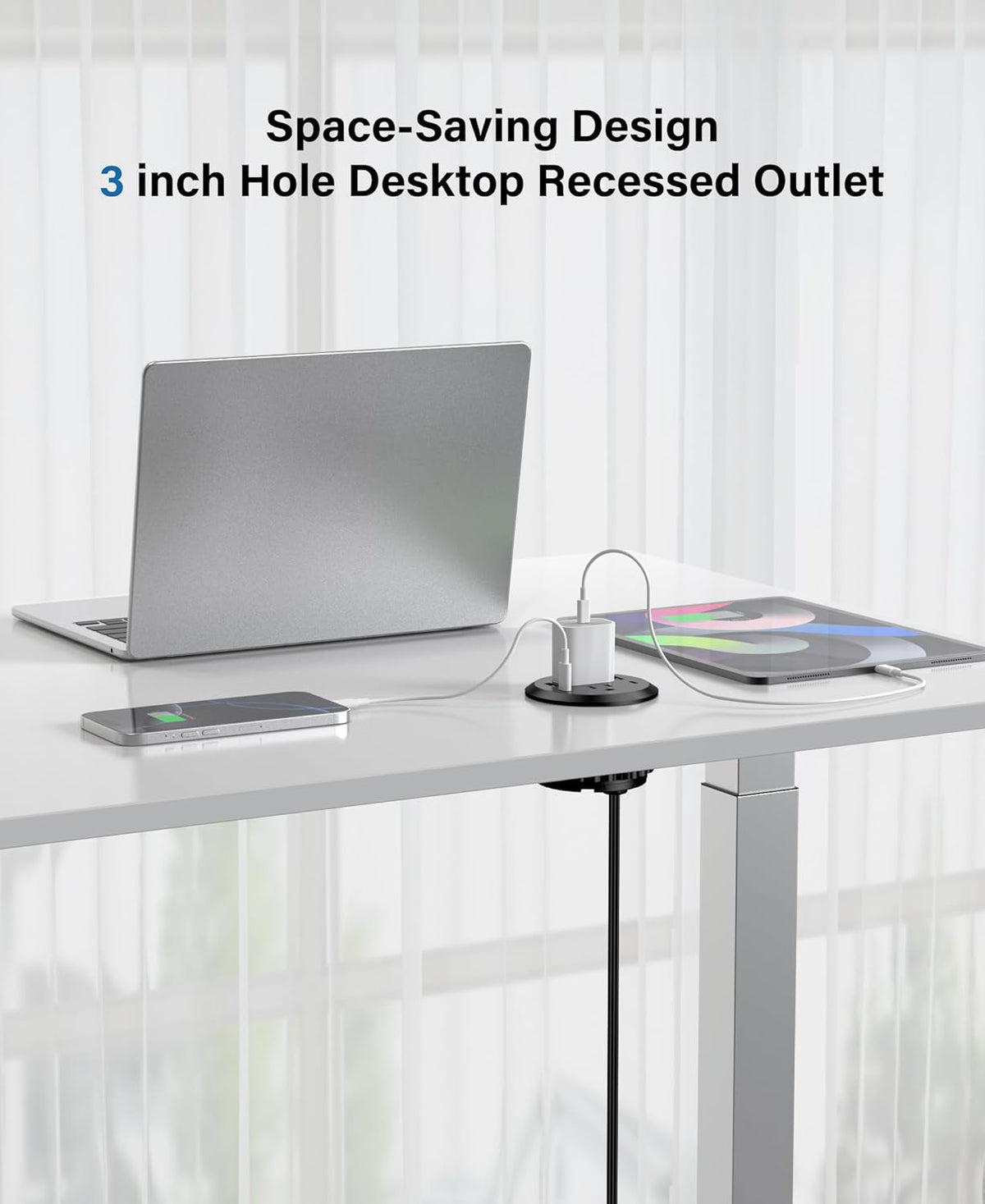 3 inch Desktop Power Grommet with PD 20W USB C,Furniture Recessed Power Strip,2 Outlets,4 USB Ports,40W Total,Flush-Mount for Desktop, Workspace Essential Desk Outlet (Black, 3 FT Cable)