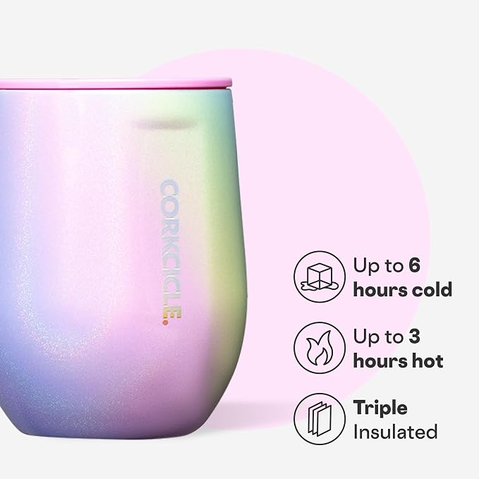 Corkcicle Stemless Wine Tumbler - Keeps Drinks Cold for 6 Hours - Triple-Insulated Stainless Steel - Non-Slip Base - Summer Drinkware Gift - Keeps Drinks Ice Cold - 12 oz - Rainbow Unicorn