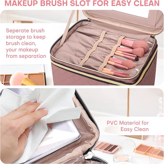 Large Makeup Bag with Mirror Double Layer Travel Make Up Organizer Case