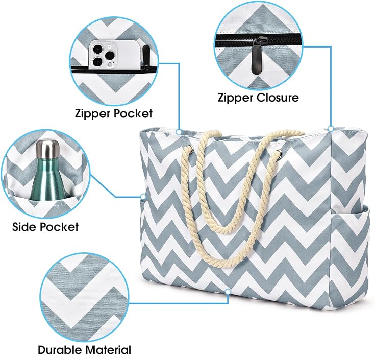 Becokan Beach Bags for Women Large Waterproof Beach Tote Bag Zipper Beach Bags