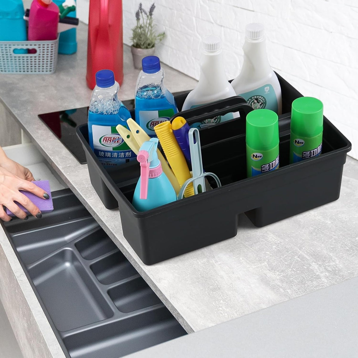 Set of 6 Plastic 3 Compartments Cleaning Supplies Caddy with Handle, Commercial Cleaning Caddy Organizer, Gray