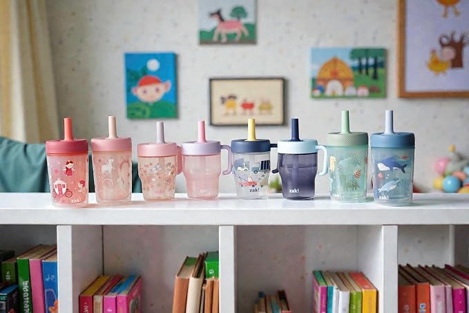 Zak Designs Capri Toddler Tumblers For Travel or At Home, 9oz 2-Pack Double Wall Plastic Sippy Cups With Leak-Proof Design is Perfect For Kids (Dino Buddies, Bubble Bay)