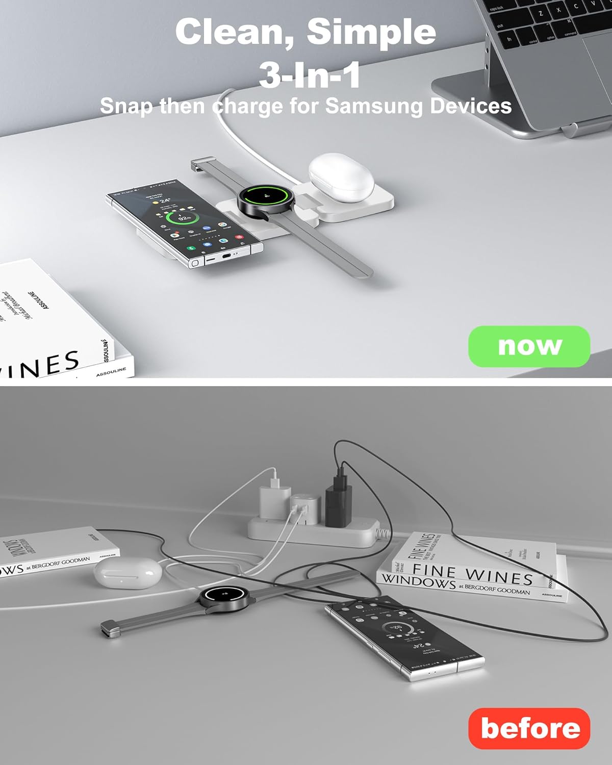 Foldable 3 in 1 Wireless Charging Station for Samsung, KU XIU X55 Ultra Magnetic Travel Charger Stand for Galaxy S24 Ultra S23 S22 Note 20 Z Fold Flip 6 5, Galaxy Watch Ultra 7 6 5, Galaxy Buds, White