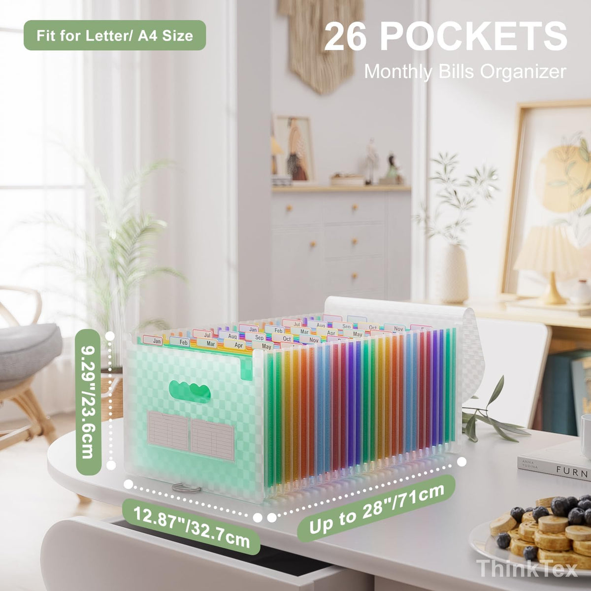 ThinkTex Accordion File Organizer, 26 Pockets Expanding File Folders, Monthly Bill Receipt Documents Organizer, A-Z Colorful Tabs, Letter/A4 Size - Green