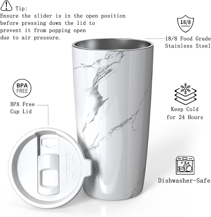 TILUCK 20 oz Insulated Tumbler with BPA-Free Lid, Stainless Steel Vacuum Travel Coffee Mug, Double Wall Coffee Tumbler（20oz，Marble）