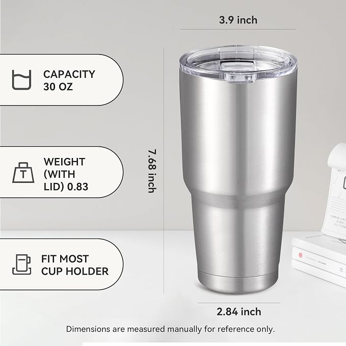30 oz Tumbler with Lid Stainless Steel Tumblers Vacuum Insulated Cup Reusable Powder Coated Travel Mug Double Wall Leak Proof Portable Cups Keep Cold Drinks for 12 Hours, Stainless, 1 Pack