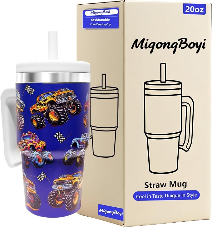 20-OZ Insulated Water Bottle,Insulated Stainless Steel Tumbler,Reusable Cold Drink Thermos,BPA-Free, Double-Wall Stainless Steel Water Bottle (Dark blue-Monster truck, 20, Fluid Ounces)