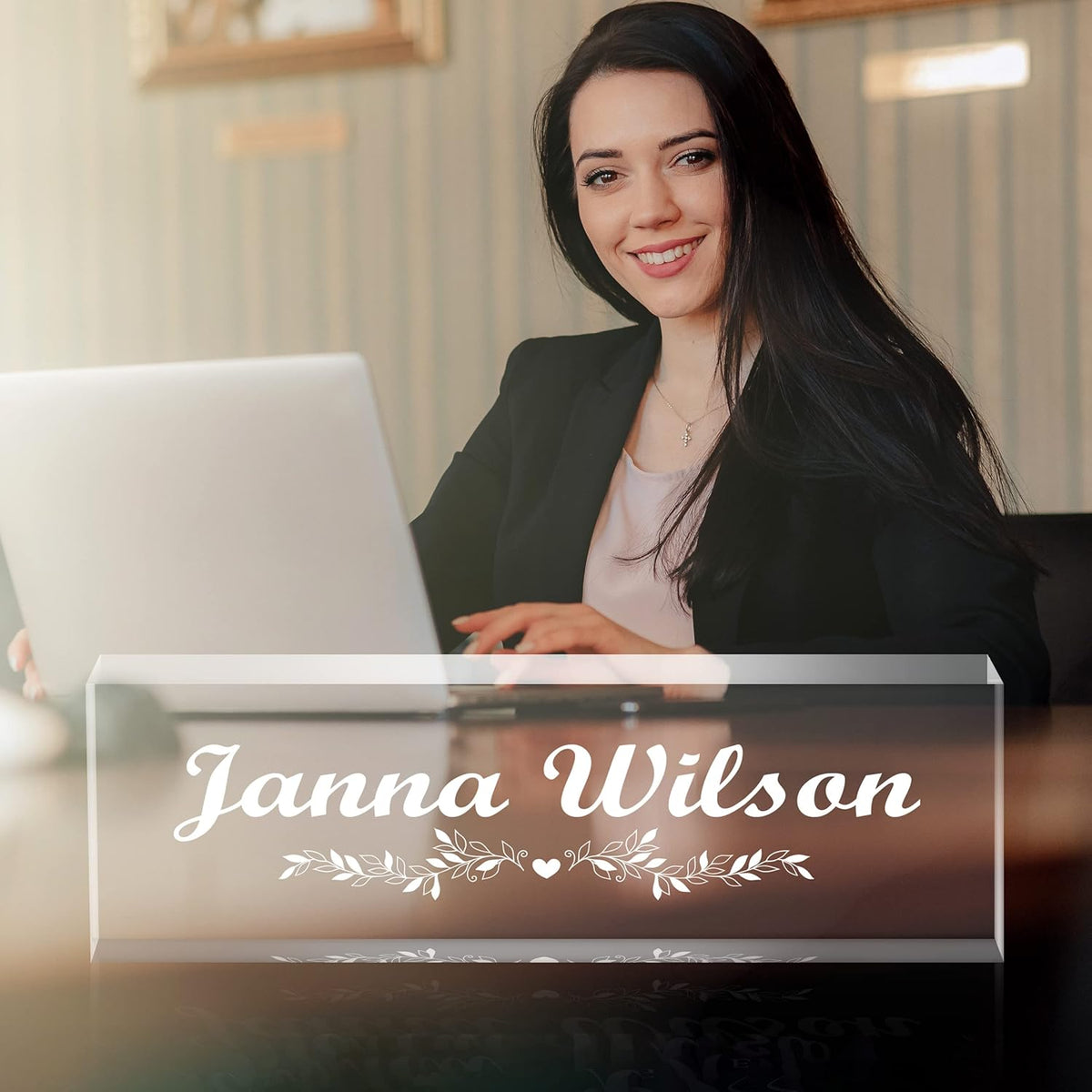 Premium Clear Engraved Acrylic Name Plate for Desk - Personalized Office Decor for Women or Men, Coworkers, Boss, Employee, Teacher (Engraved 2)