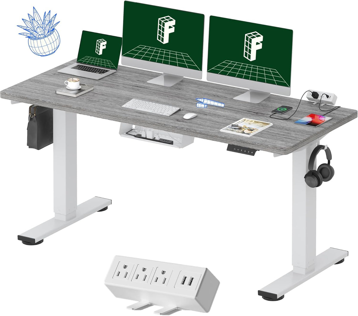 FLEXISPOT EN2 Whole-Piece Standing Desk with Clamp Power Strip, 60 x 24 Electric Stand Up Height Adjustable Desk with Cable Management (White Frame + 60" Gray Wood Grain Desktop, 2 Packages)